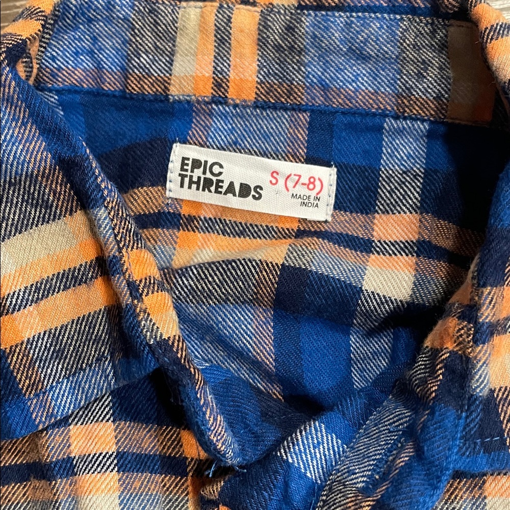 Plaid Shirt Button down Epic Threads Macys Blue Orange size 7/8 Kid - Picture 2 of 4
